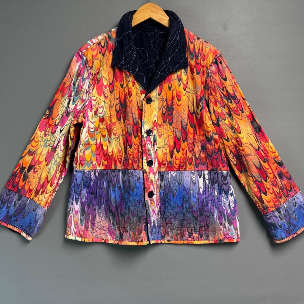 Casual Studio Reversible Quilted Jacket Large Marbled Feather Print Navy Cotton